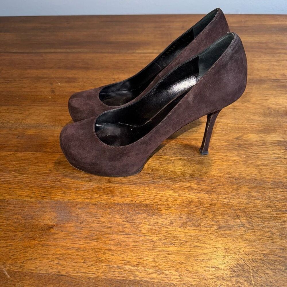 Saint Laurent Brown Suede Tribtoo Pumps - Picture 2 of 9